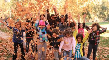 Campers throwing leaves in the air