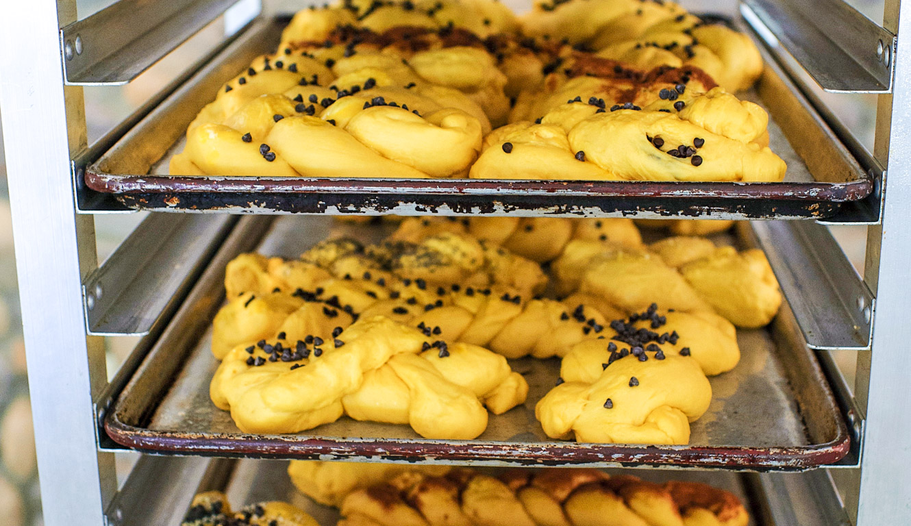 Bread ready to be baked on trays