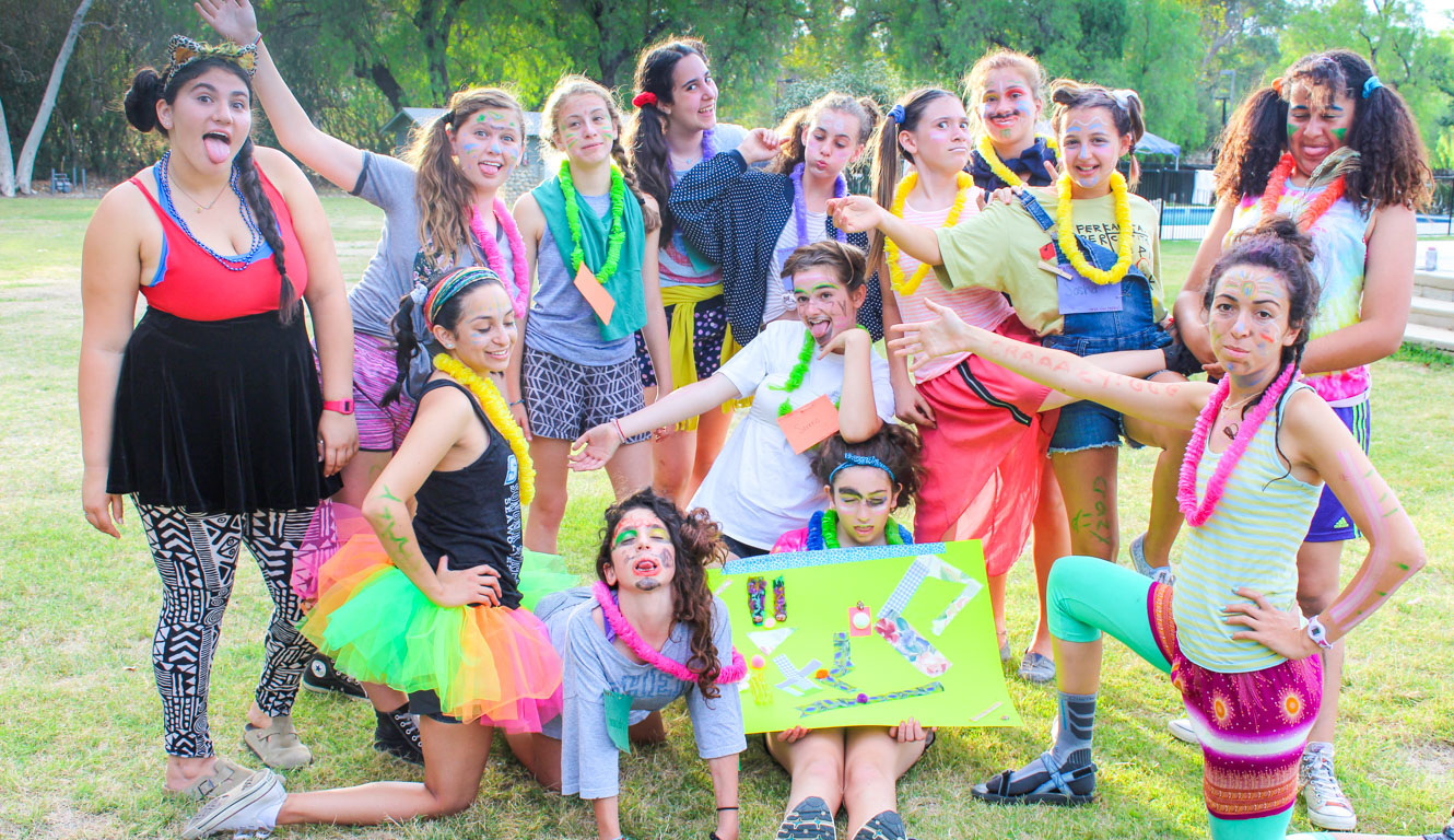 Campers dressed up in a group having fun